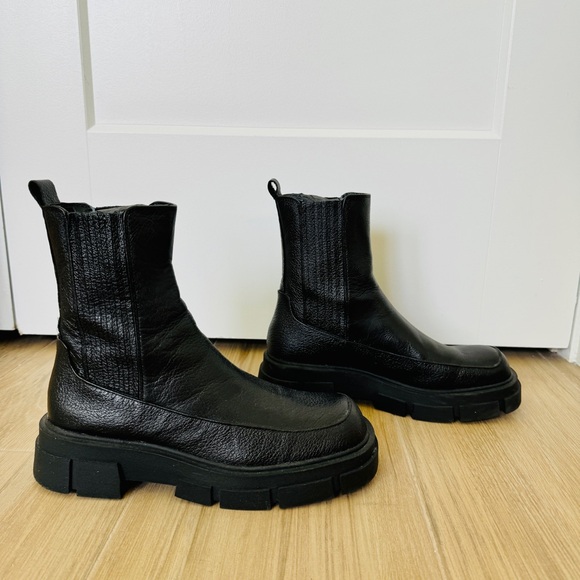 MNG Black Leather Combat Boots Thick Rubber Track Sole Ankle/Calf High - Picture 9 of 17